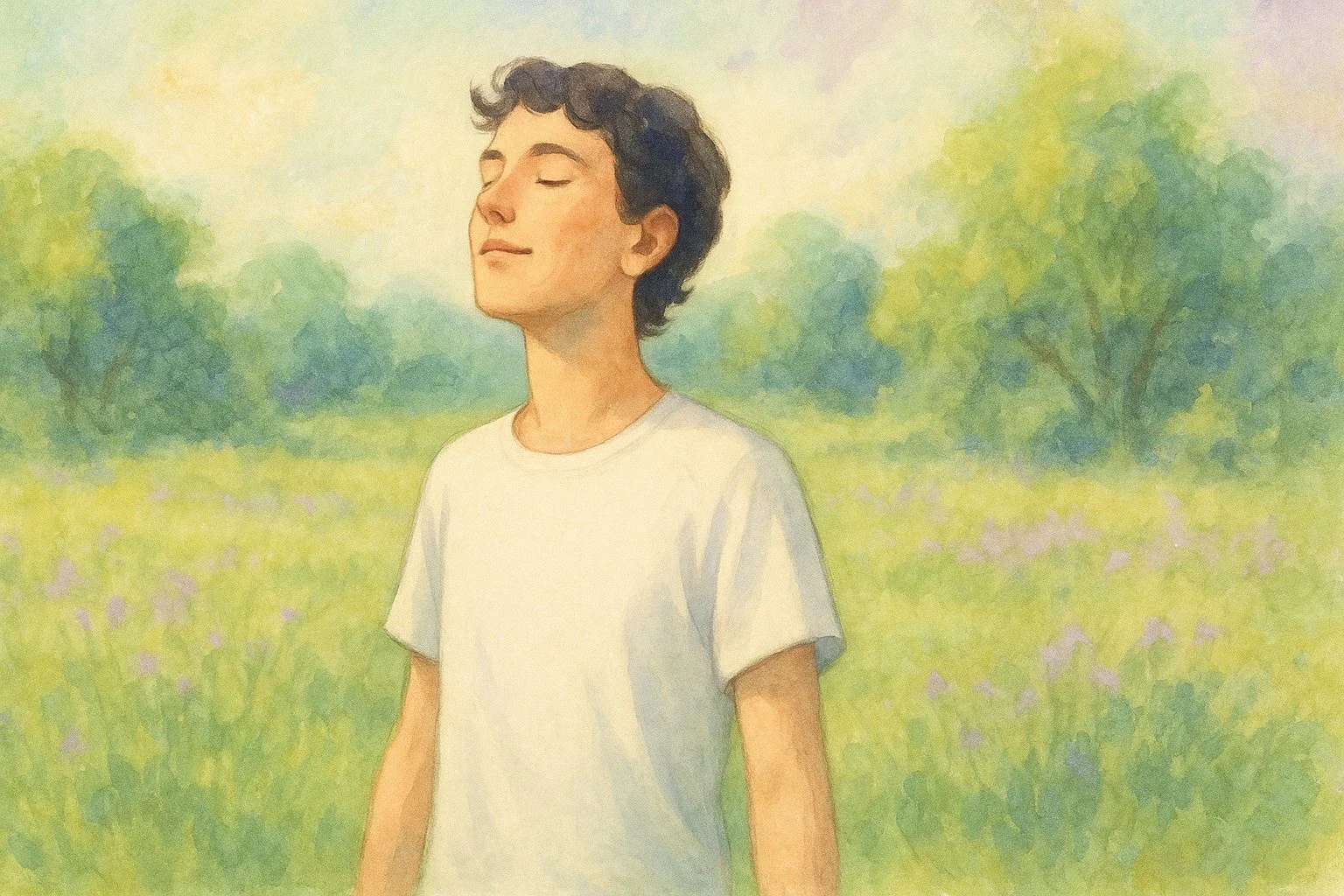 Person, der står på en grøn eng med let sløret baggrund af blomstrende græs og træer, mens vedkommende lukker øjnene og trækker vejret dybt