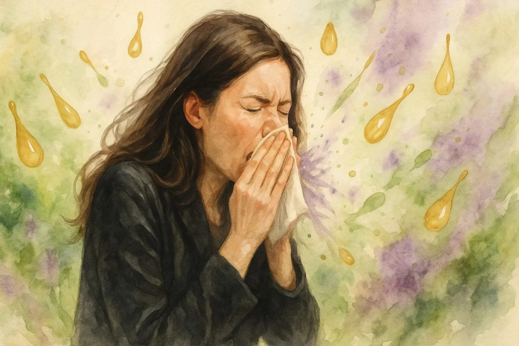 Realistisk en kvinde i naturen der nyser omgivet af natur og oliedråber der flyver rundt omkring