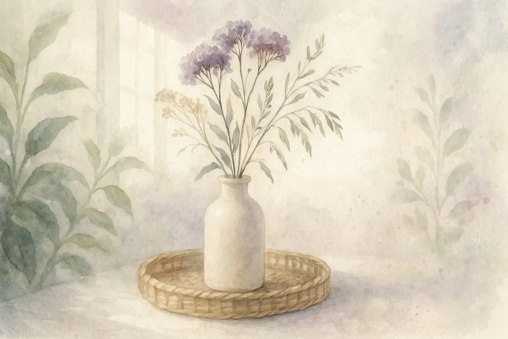 Roligt, lyst rum med botaniske elementer, bløde skygger og naturmaterialer