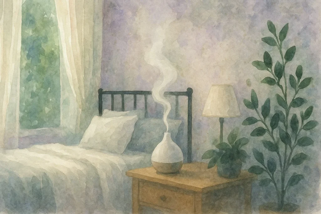 Roligt soveværelse med blød belysning, damp fra en diffuser og en fredfyldt atmosfære