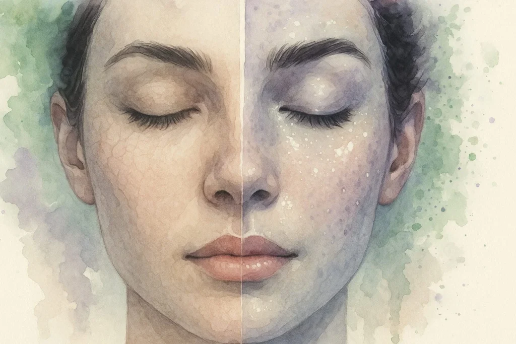 To halvdele af ansigtshud – én mat, én fugtig