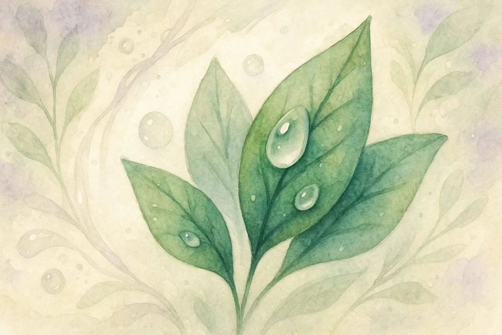 Vanddråber, blade og lys