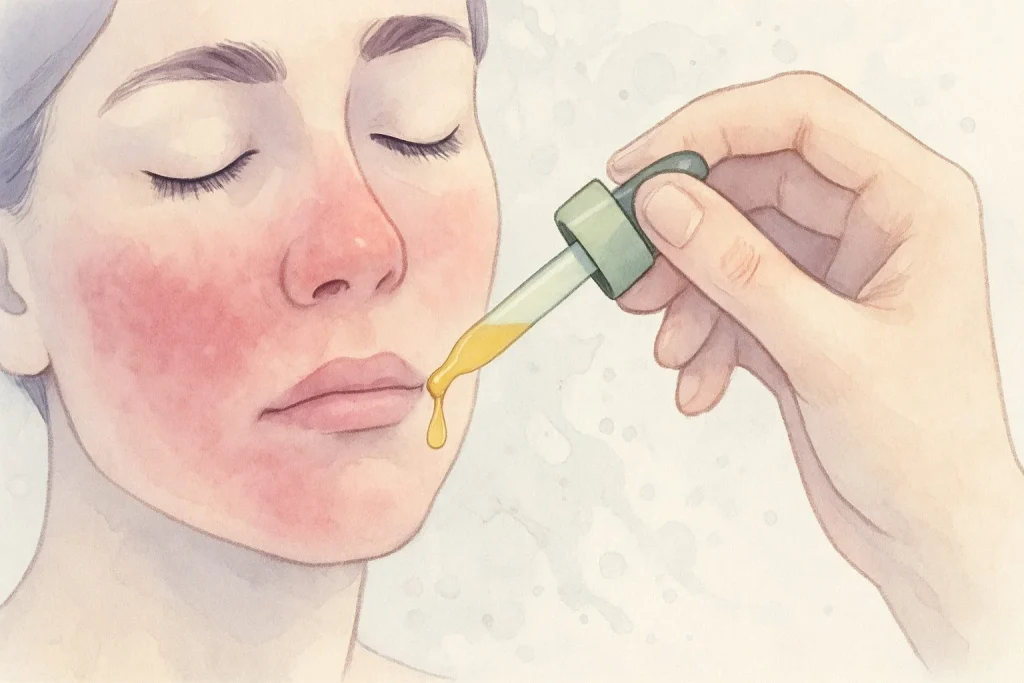 En hånd, der forsigtigt dupper olie på en rødlig hudzone i ansigtet