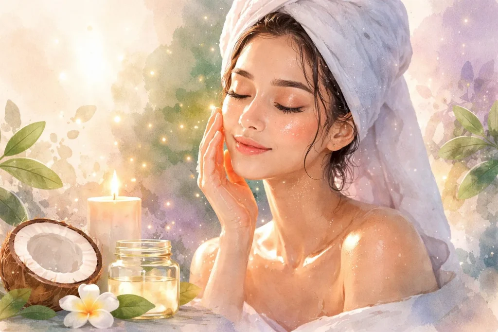 En kvinde med fugtig hud smører nænsomt kokosolie på kinden i en rolig aftenstemning