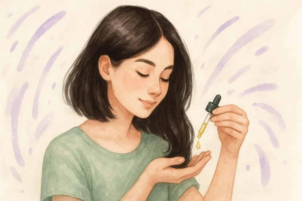 En kvinde med skulderlangt, glansfuldt hår, der forsigtigt masserer olie ind i hårets spidser