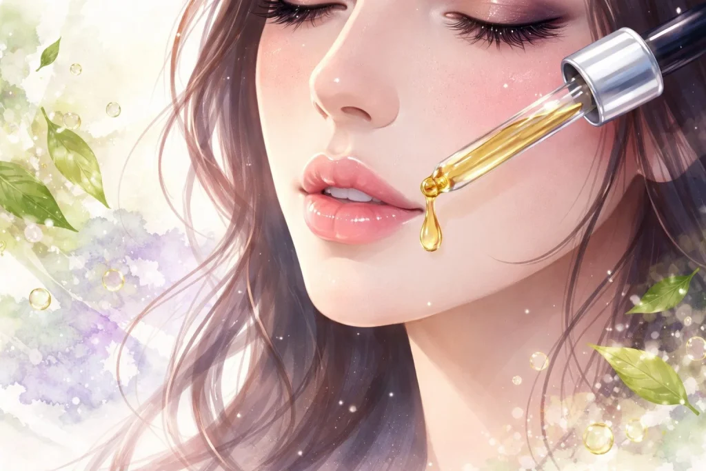 En nærbillede illustration af en kvindes ansigt med fokus på læber, der fugtes med en dråbe olie fra en pipette