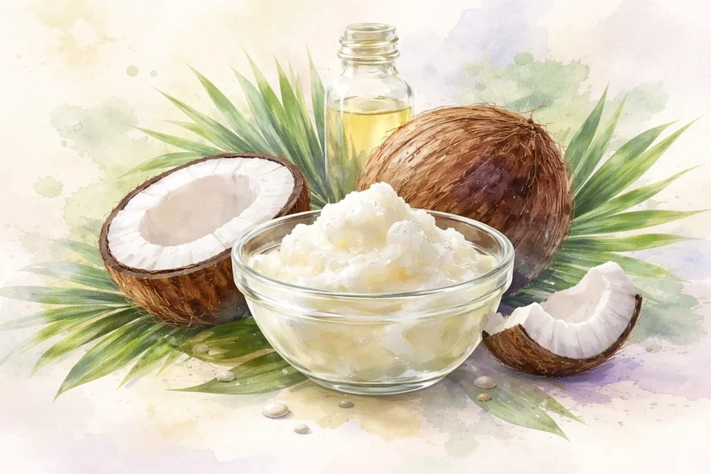 En skål kokosolie på en blød, cremefarvet baggrund, omgivet af kokosnødder og grønne blade