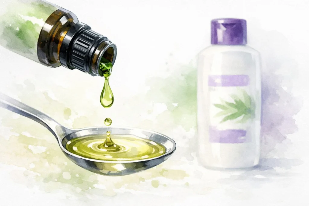 Flaske med Tea Tree olie drypper ned i en ske med bærende olie I baggrunden ses en flaske shampoo.