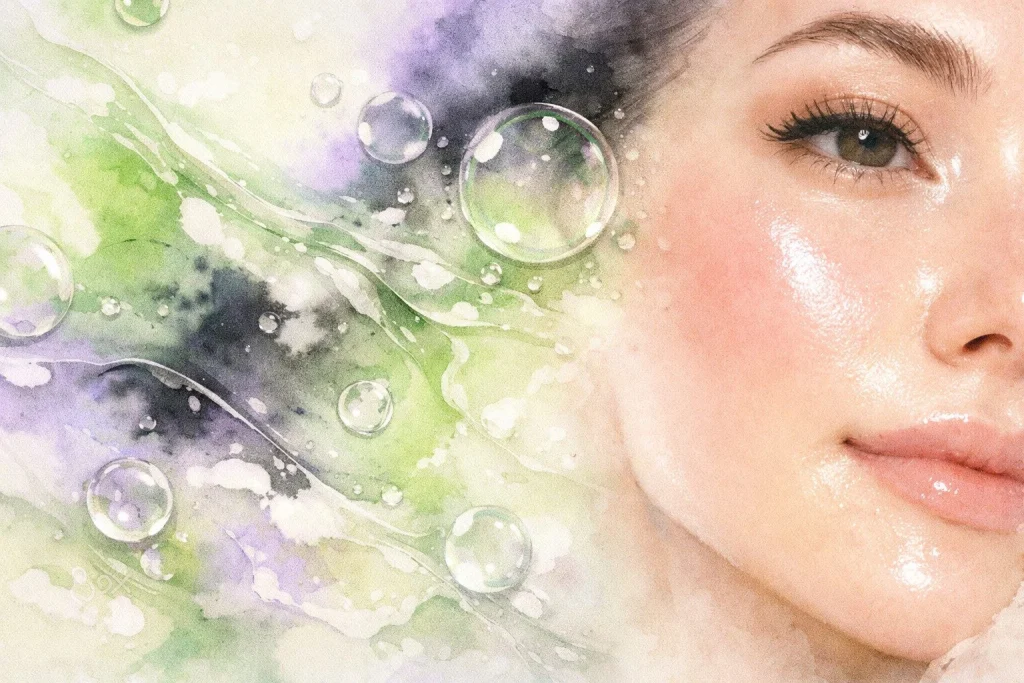 Nærbillede af hud med synlig glød og fugt, med oliestrukturer i baggrunden