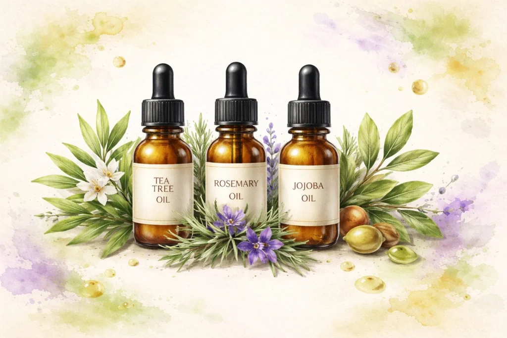 Tre små olieflasker Tea Tree olie, Rosmarinolie og Jojobaolie med grønne og lilla urter omkring dem