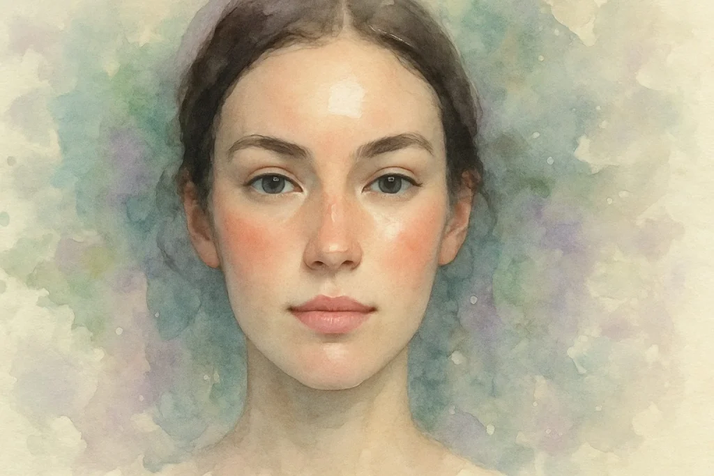 Ansigt set forfra, hvor lyset fanger en kontrolleret, sund glød på kindben og pande uden at se blankt ud2