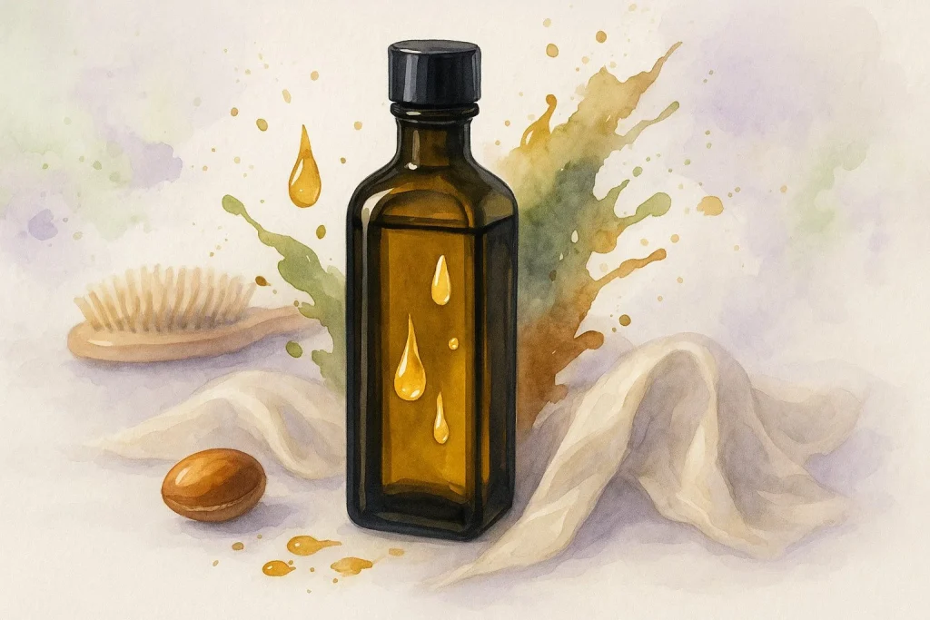 Elegant flaske arganolie i fokus med gyldne dråber omkring den, placeret på en lys grå baggrund. I baggrunden ligger en hårbørste, tørret argannød og et stykke silke for blødhed