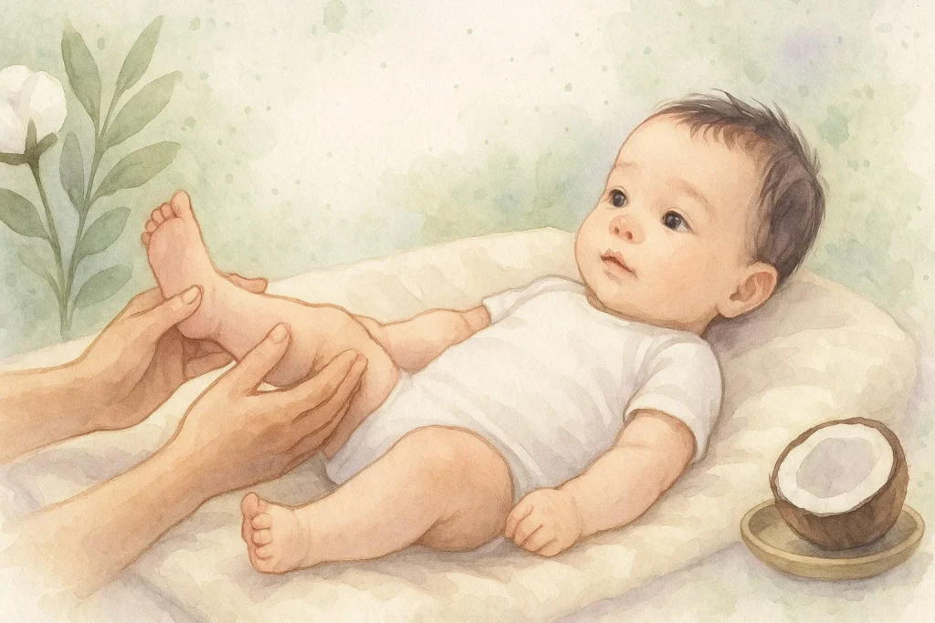 En baby, der ligger på en blød, neutral farvet plaid eller puslepude, mens en forælders hænder blidt masserer ben eller fødder kokos