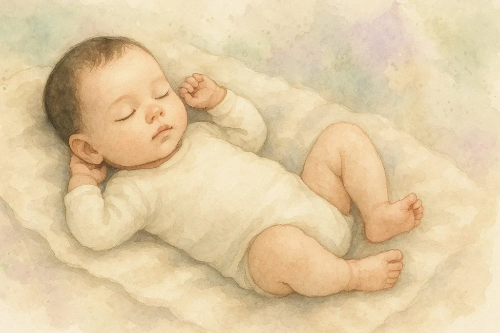 En baby, der ligger på et tæppe i varme, neutrale farver, med fokus på harmoni og hudpleje