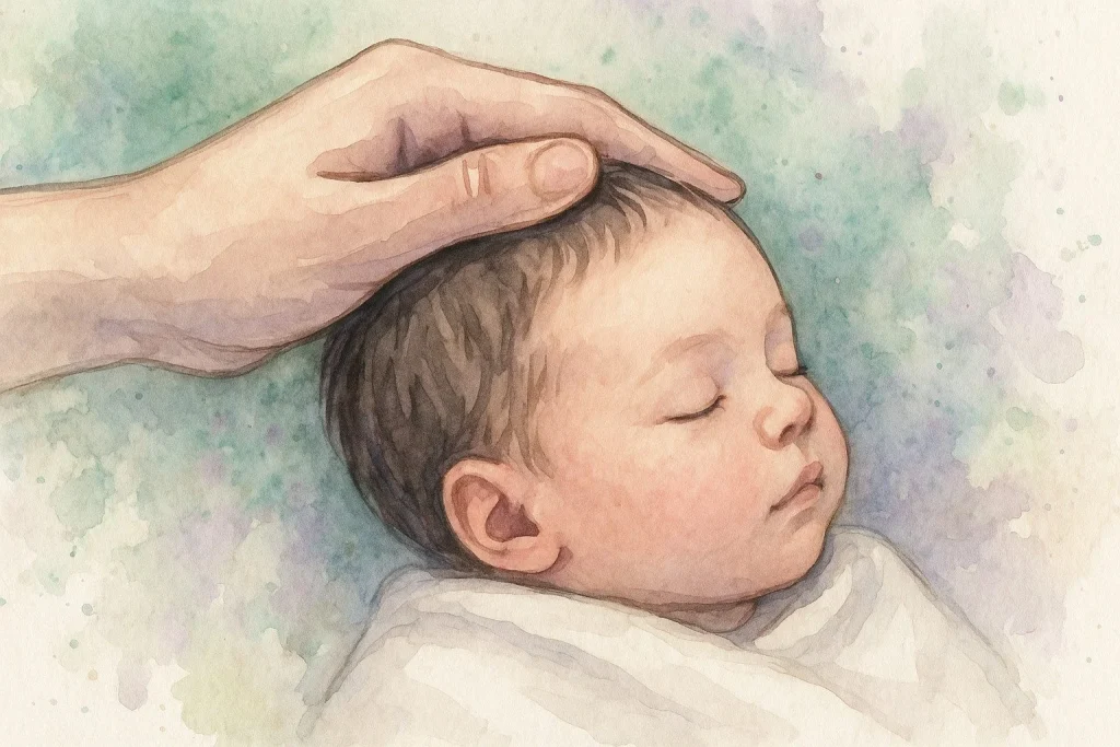 En forælders hånd, der blidt berører babyens hovedbund, med fokus på omsorg og varme