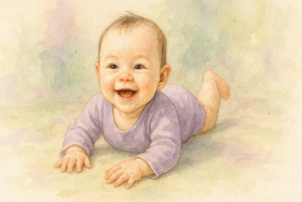 En glad baby der leger på gulvet