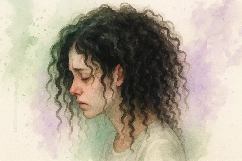 En kvinde med tynget hår, der har anvendt kemikalier til håret, fået det farvet og permenteret