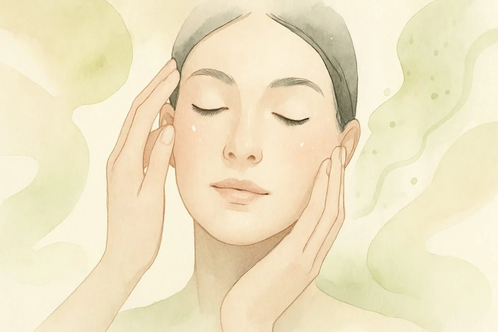 Hænder, der let berører et ansigt med frisk, let dugfrisk hud