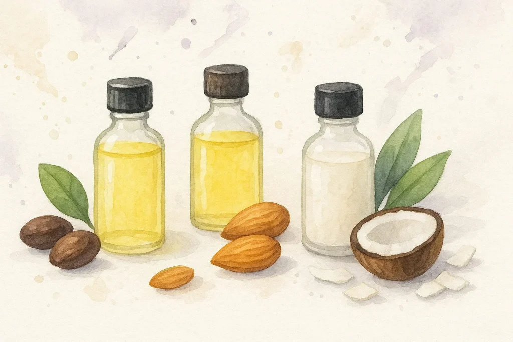 Jojobaolie, mandelolie og kokosolie i små flasker på en lys baggrund