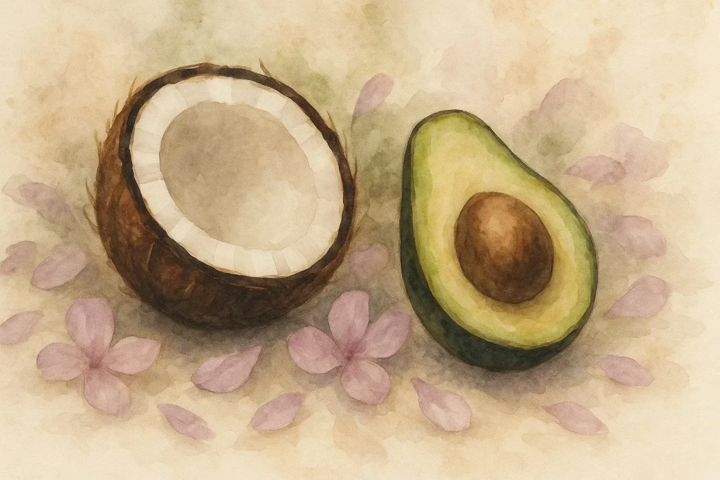 Kokos, avokado og blomsterblade i naturlige jordfarver