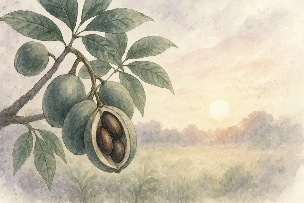 Makro andiroba tree in natural environment with focus on andiroba nuts, with sunset in background