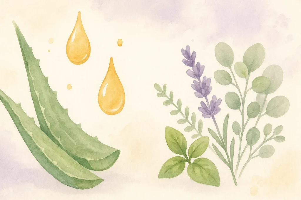 Naturlige ingredienser som aloe blade, honningdråber og friske urter