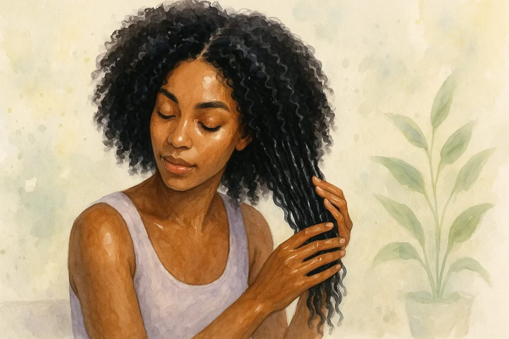 Person med smukt, naturligt krøllet eller afrohår, der sidder i et roligt, lyst rum og blidt fordeler olie i hårlængderne med hænderne