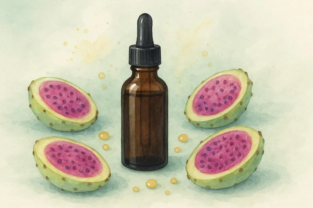 Pipetteflaske med Figenkaktus Frø Olie, omgivet af halve figenkaktusfrugter og små olieperler