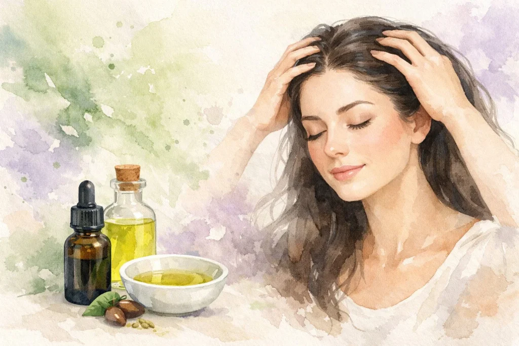 Rolig kvinde, der sidder i et naturligt, lyst miljø og masserer sin hovedbund med fingerspidserne Ved siden af ses en lille flaske Tea Tree olie og lidt jojobaolie i en skål