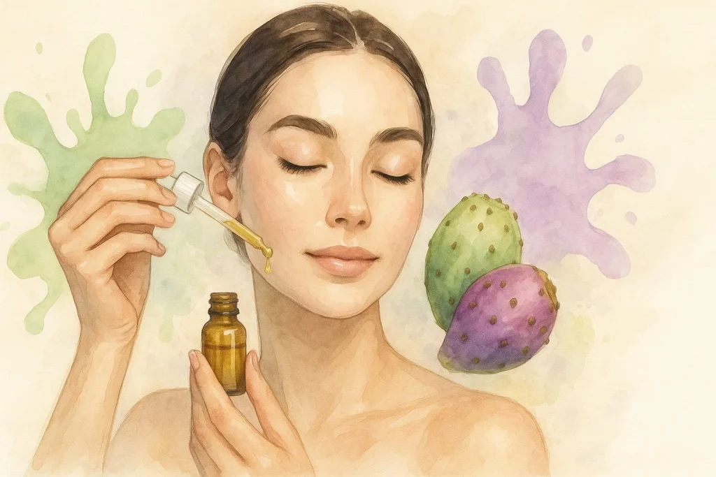 Rolig kvindes ansigt med synligt sund og glødende hud. Hun holder en lille dråbe pipetteflaske med olie, og i baggrunden ses en figenkaktusfrugt