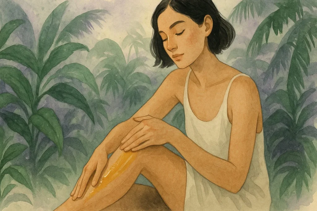 Rolig person med bare arme eller ben, der nænsomt masserer en gylden olie ind i tør hud