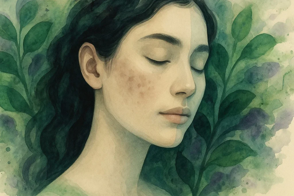 Roligt ansigt set halvvejs i profil, hvor få diskrete “før efter” zoner antyder forbedring af uren hud gennem blødere tekstur og mere jævn tone