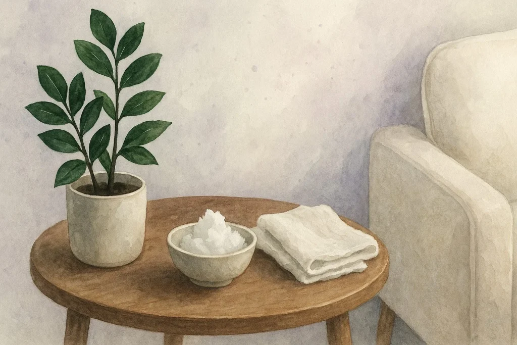 Sidebord i træ, en grøn stueplante med blanke blade og en skål med hvid kokosolie ved siden