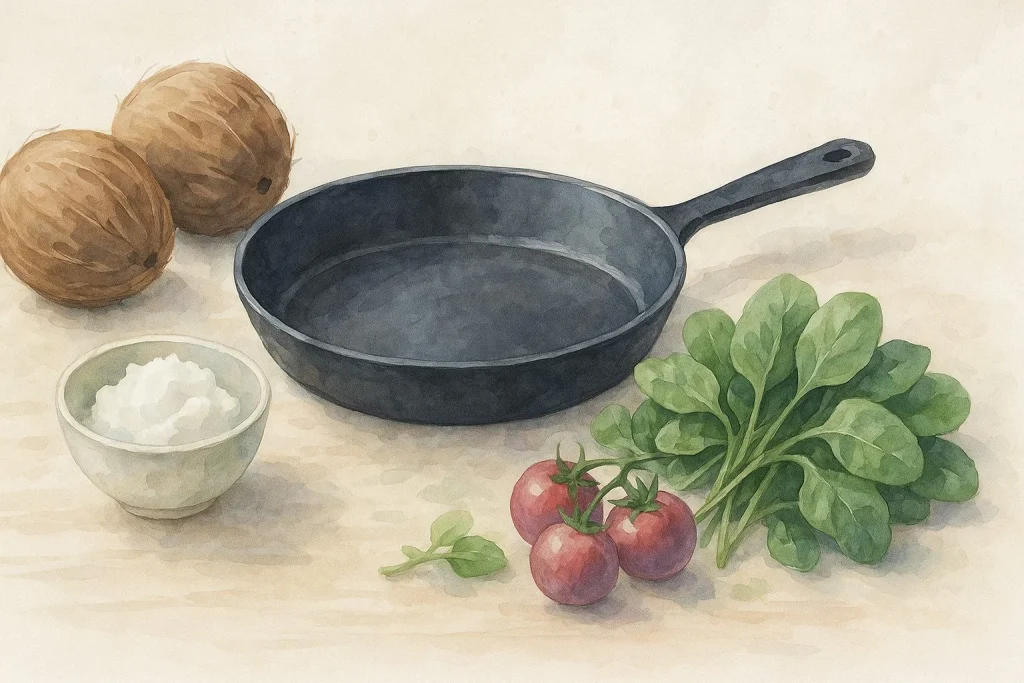 Stegepande, friskgrønt (fx spinat, tomater eller grøntsager) og en skål med hvid kokosolie