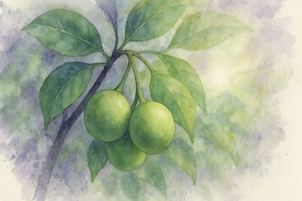 Tamanu træ med tamanu nødder (frugt) i fokos med et skinnende lyd i baggrunden naturlige omgivelser