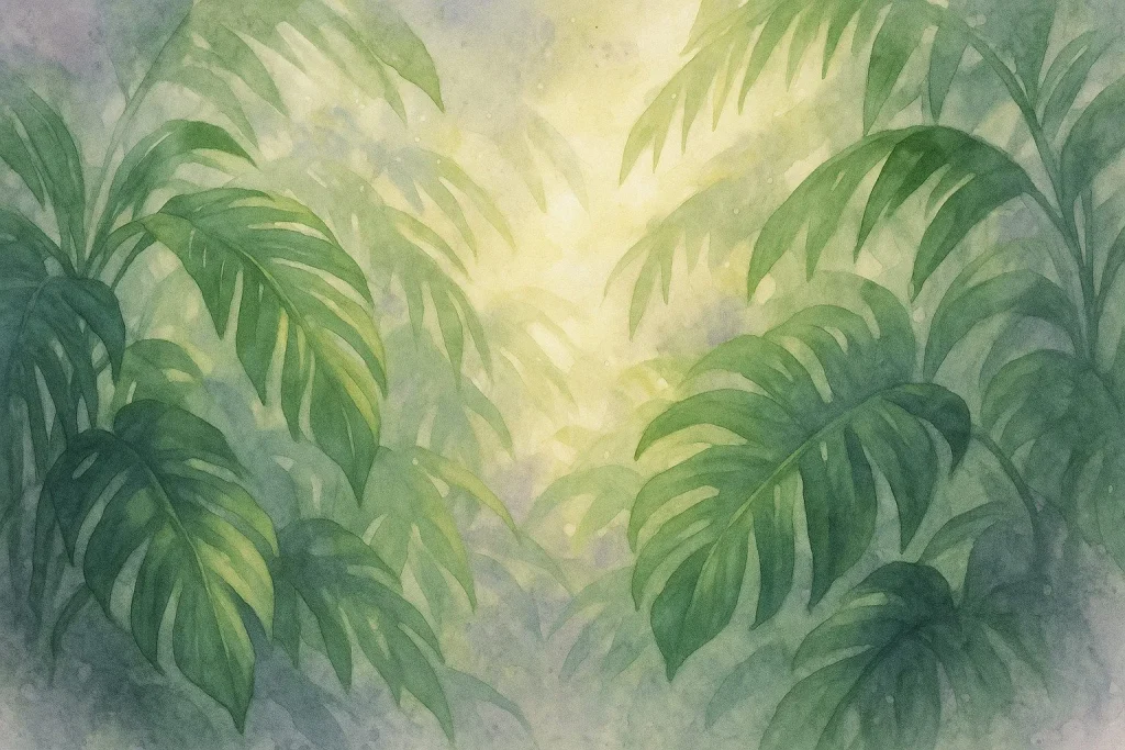 Tropiske grønne blade og mild sollys, der filtrerer gennem bladene. Fokus på naturens ro og helende kraft