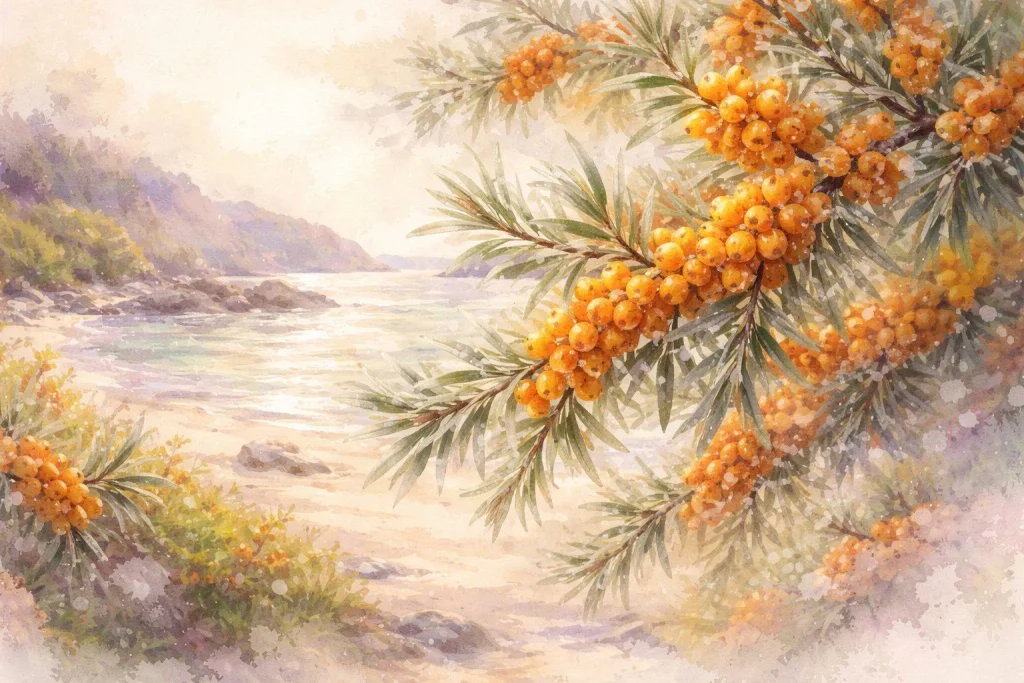 Havtornbær i naturligt nordisk landskab